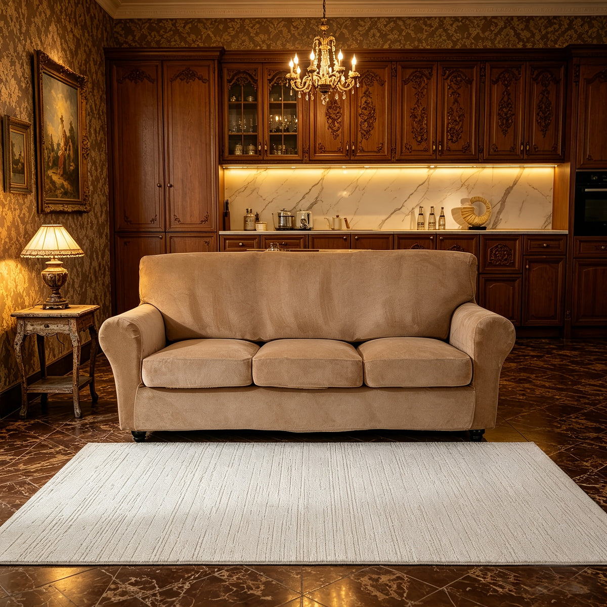 Housse de canapé extensible en velours anti-griffes, mise en situation