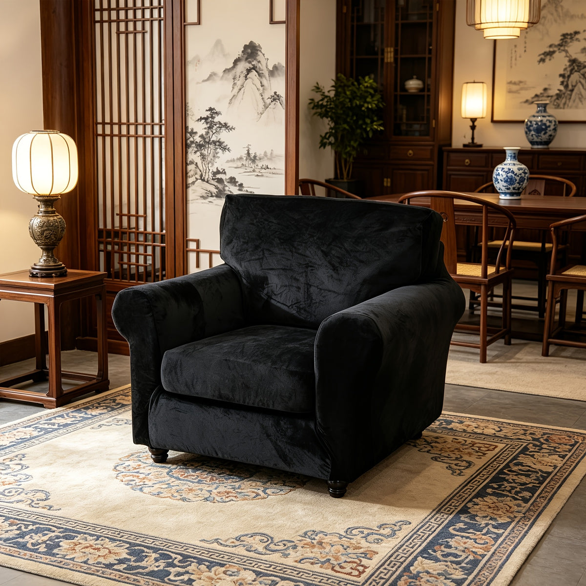 Housse de canapé extensible en velours à rayures, vue de dos