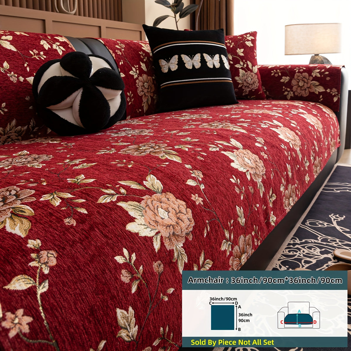Housse de canapé en chenille jacquard à motif pivoine antidérapante, détail de la finition