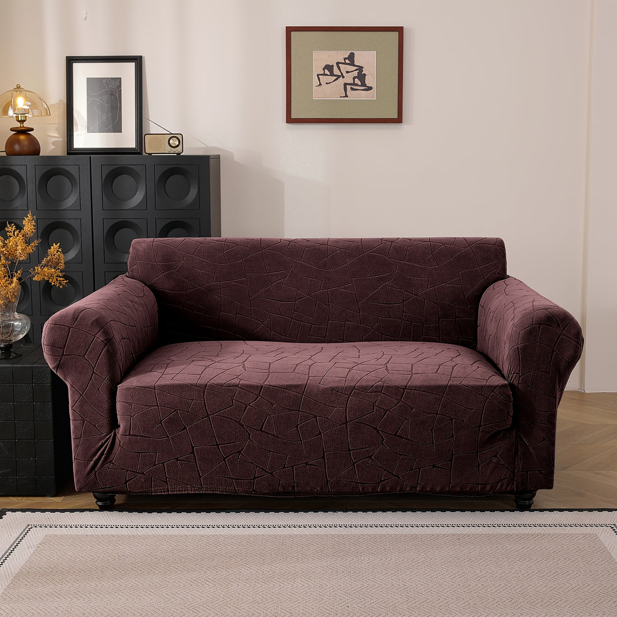 Housse de canapé extensible en polaire jacquard à motif géométrique à housses, détail de la finition