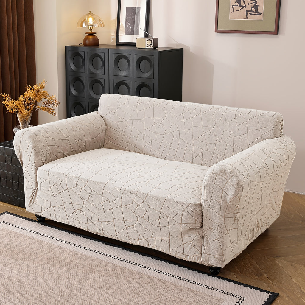 Housse de canapé extensible en polaire jacquard à motif géométrique à housses, gros plan sur le tissu