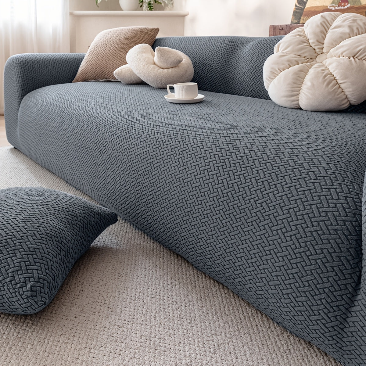 Housse de canapé extensible en polaire jacquard à carreaux, gros plan sur le tissu