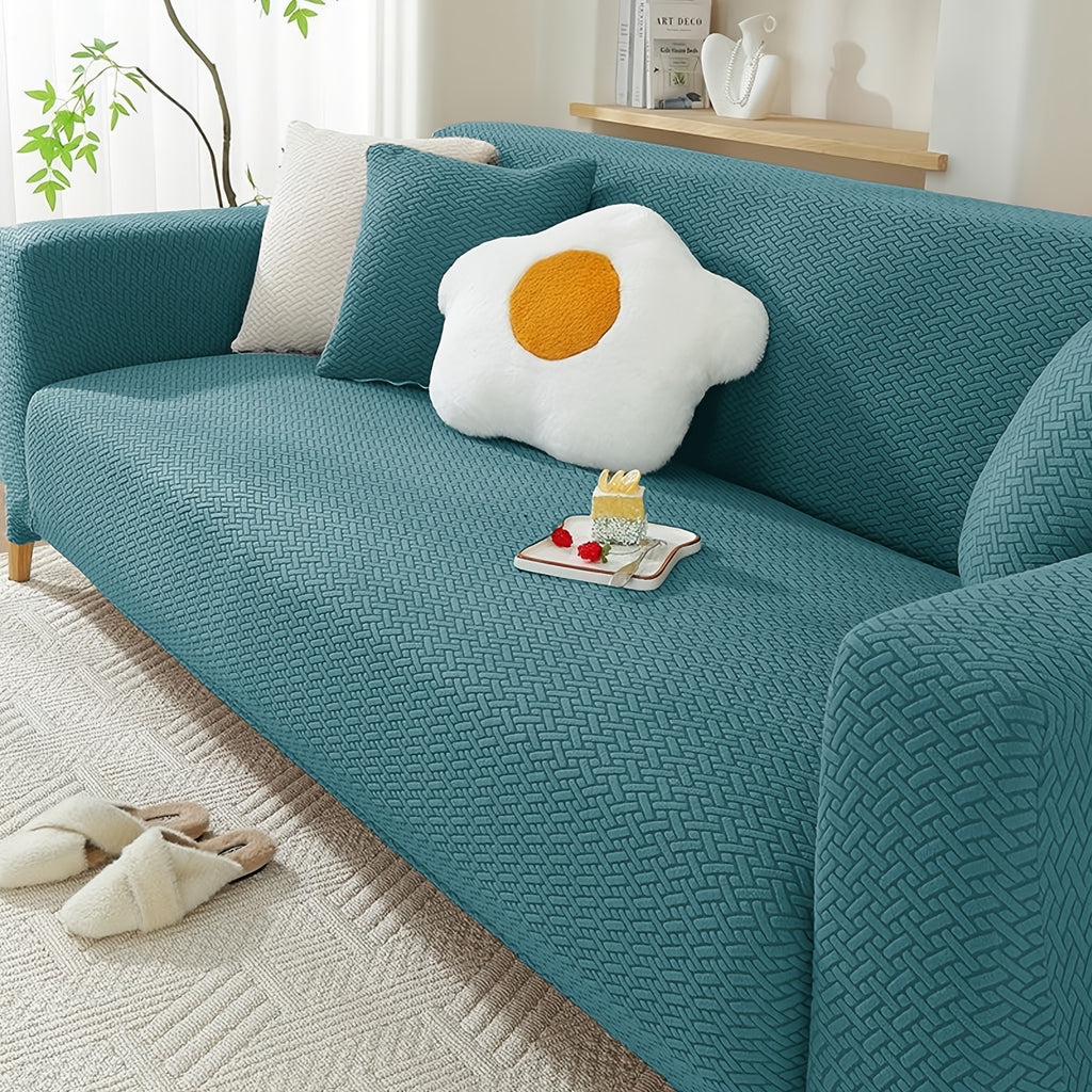 Housse de canapé épaisse extensible en polaire jacquard en T, mise en situation