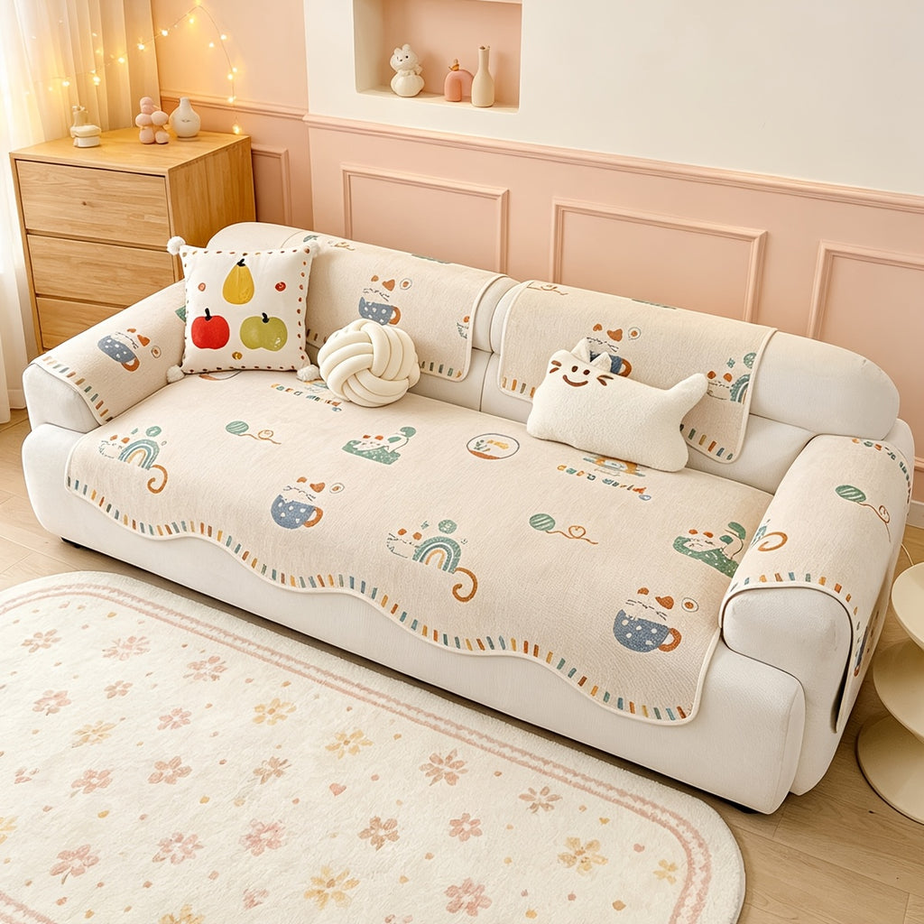 Housse de coussin en chenille jacquard à motif vagues antidérapante, tissu de 500 g/m²
