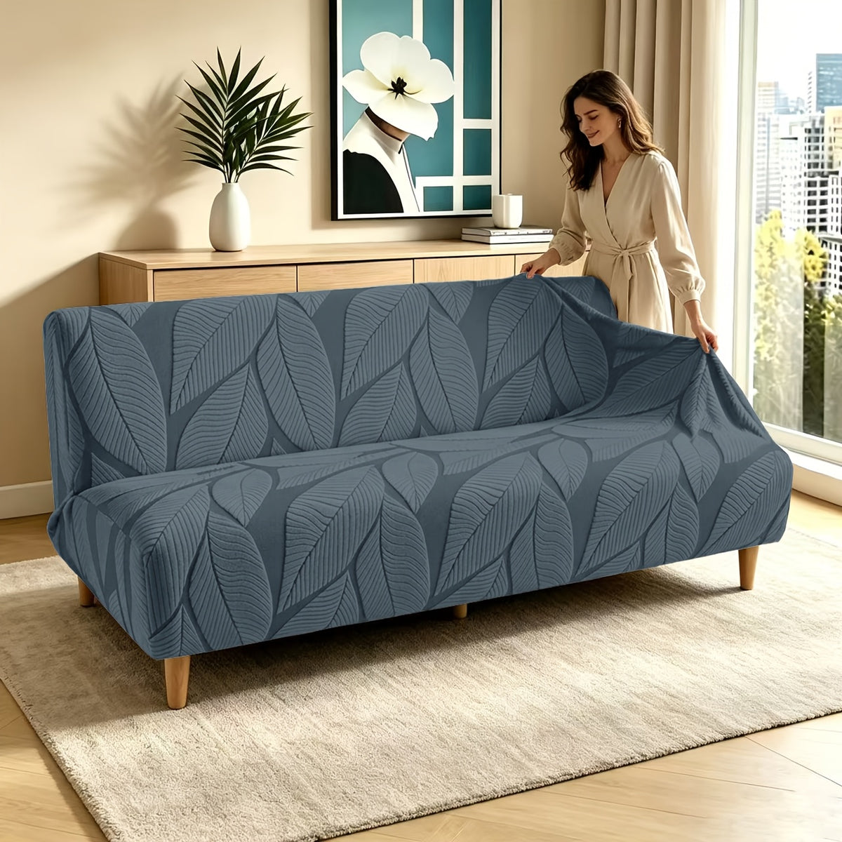 Housse de canapé extensible en polaire jacquard sans accoudoirs, vue de dos