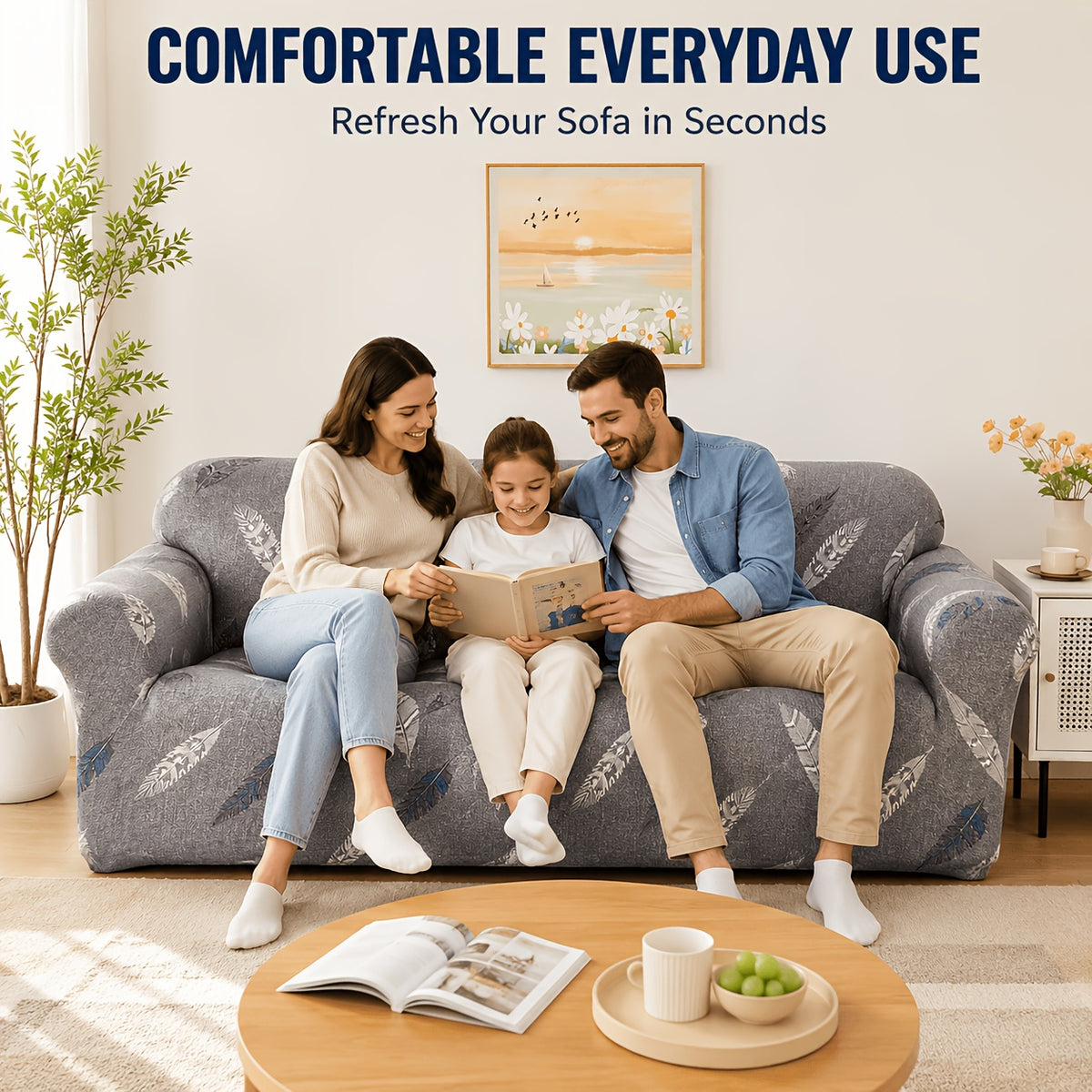 Housse de canapé extensible en fibre de lait imprimée anti-griffes, détail de la finition