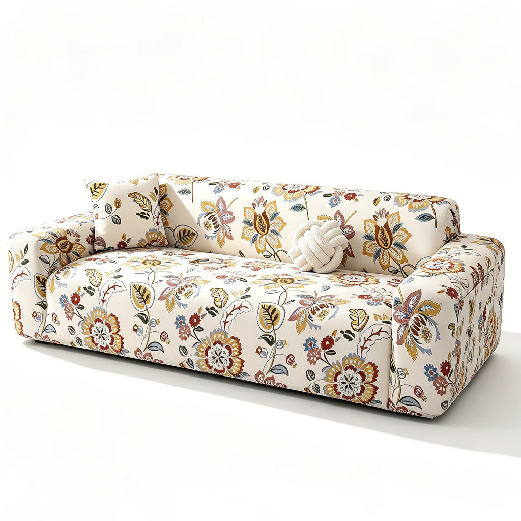 Housse de canapé extensible en fibre de lait imprimée à motif bohème, détail de l'ourlet