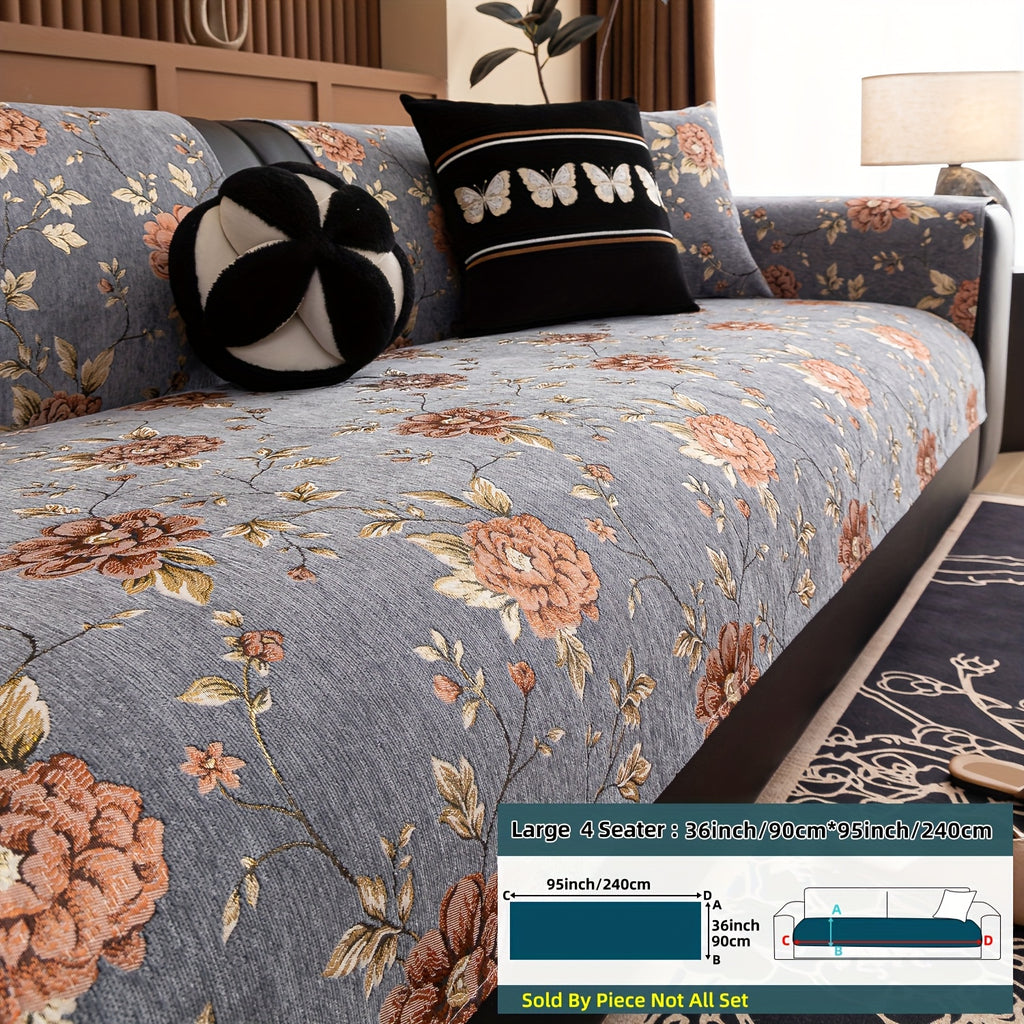 Housse de canapé en chenille jacquard à motif pivoine antidérapante, vue d'ensemble