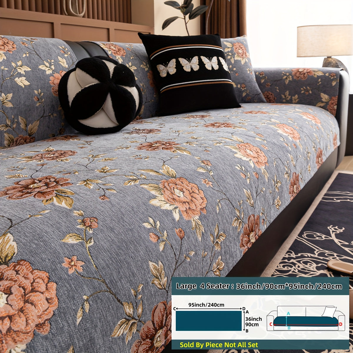 Housse de canapé en chenille jacquard à motif pivoine antidérapante, vue d'ensemble