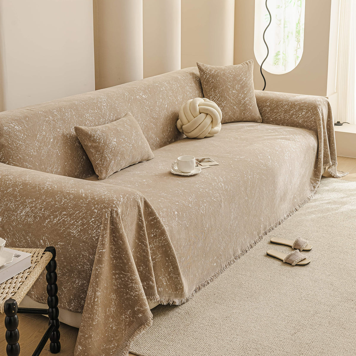 Housse de canapé épaisse en chenille jacquard antidérapante, gros plan sur le tissu