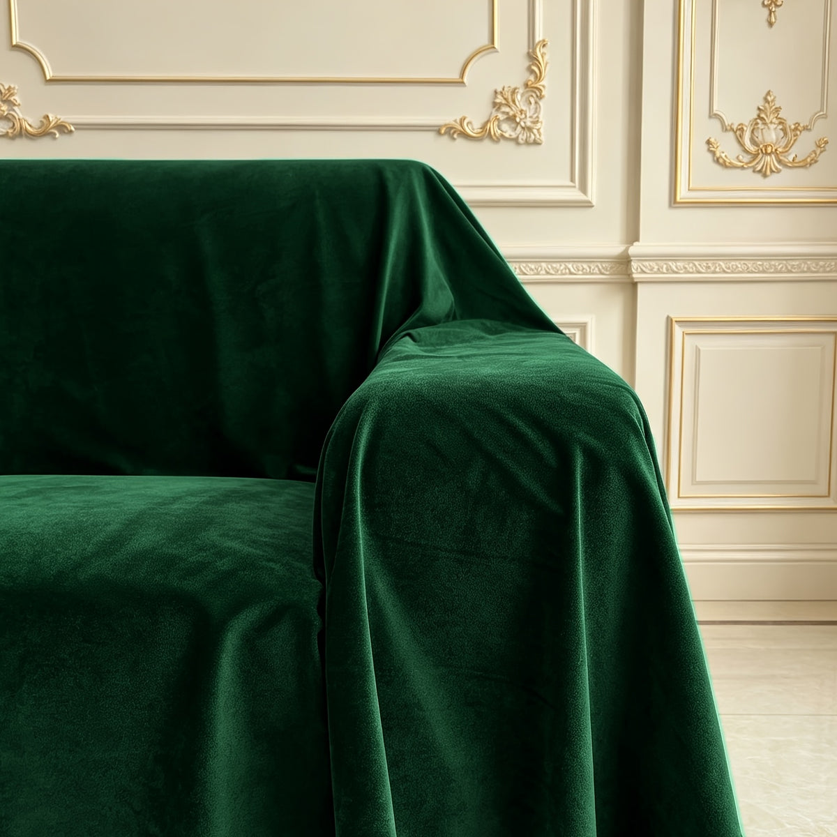 Housse de canapé épaisse en velours au rendu glamour, détail de l'ourlet