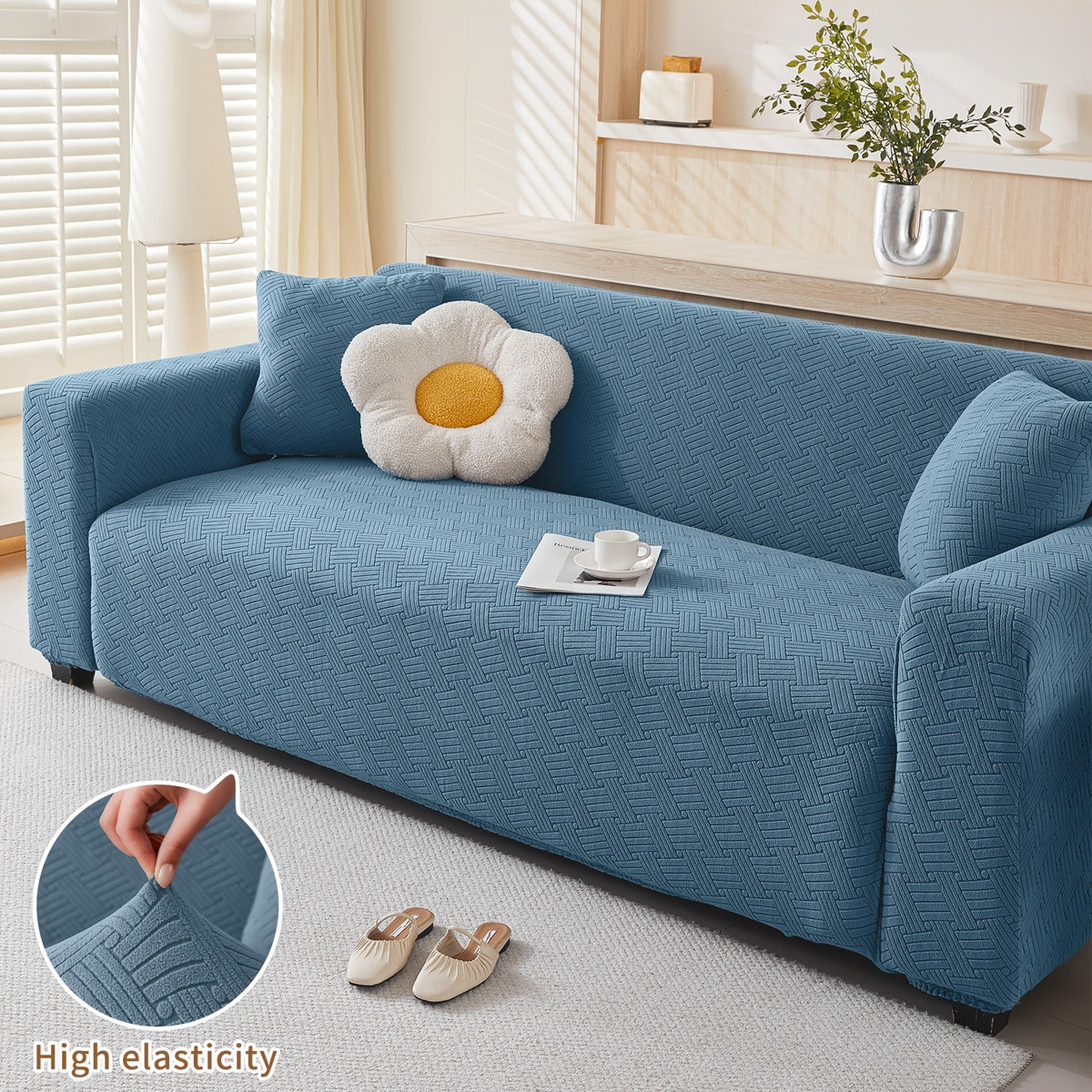 Housse de canapé épaisse extensible en polaire jacquard, mise en situation