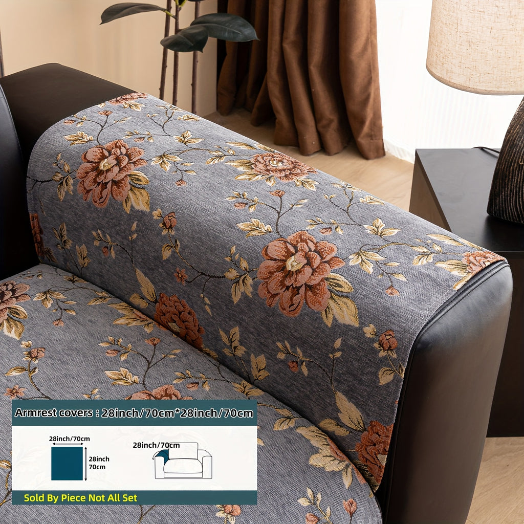Housse de canapé en chenille jacquard à motif pivoine antidérapante, gros plan sur le tissu