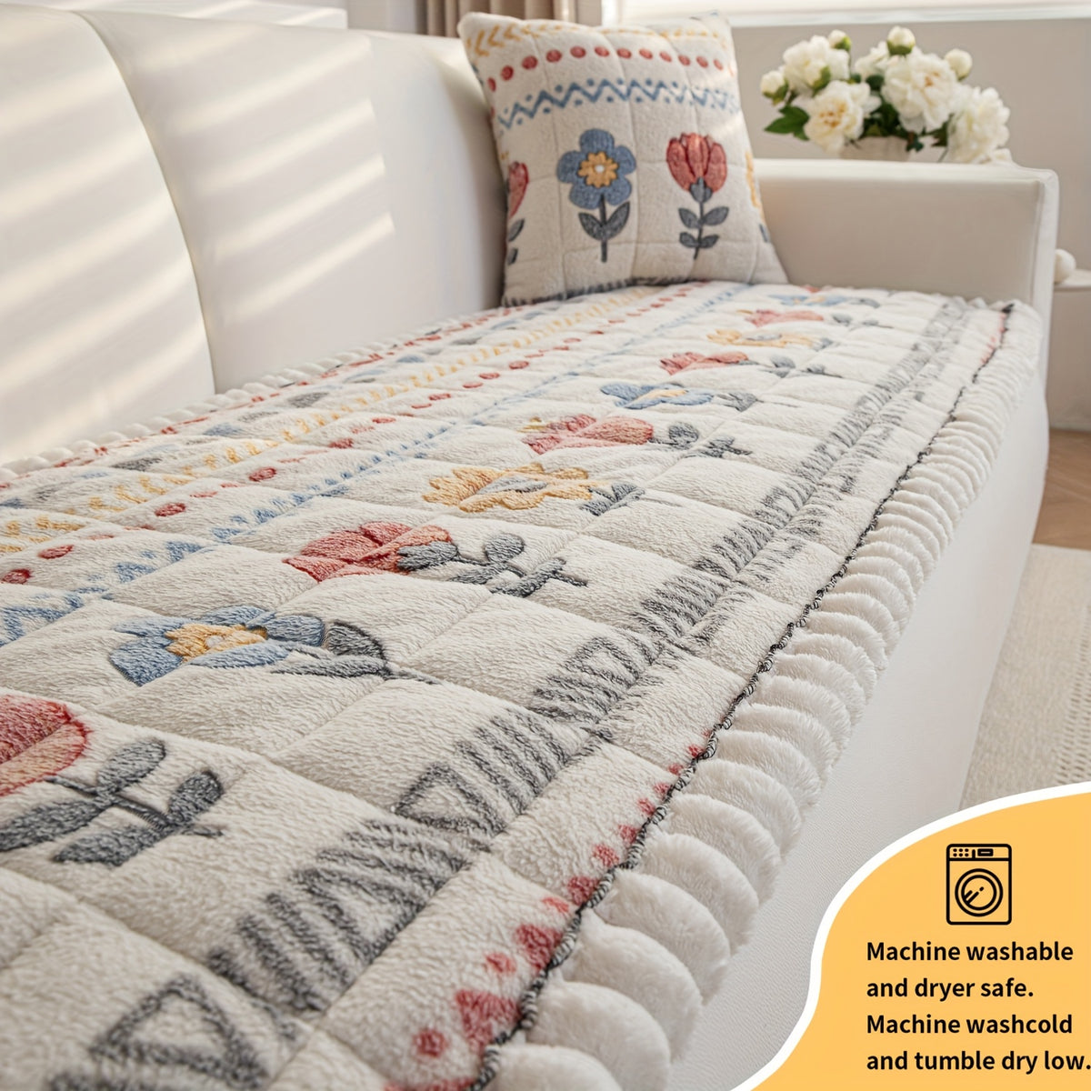 Housse de coussin en peluche à motif fleuri antidérapante