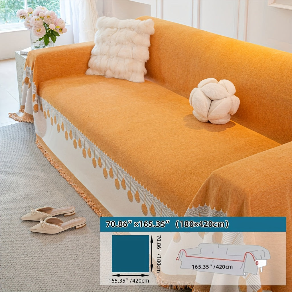Housse de canapé en chenille jacquard à volants d'esprit bohème, mise en situation
