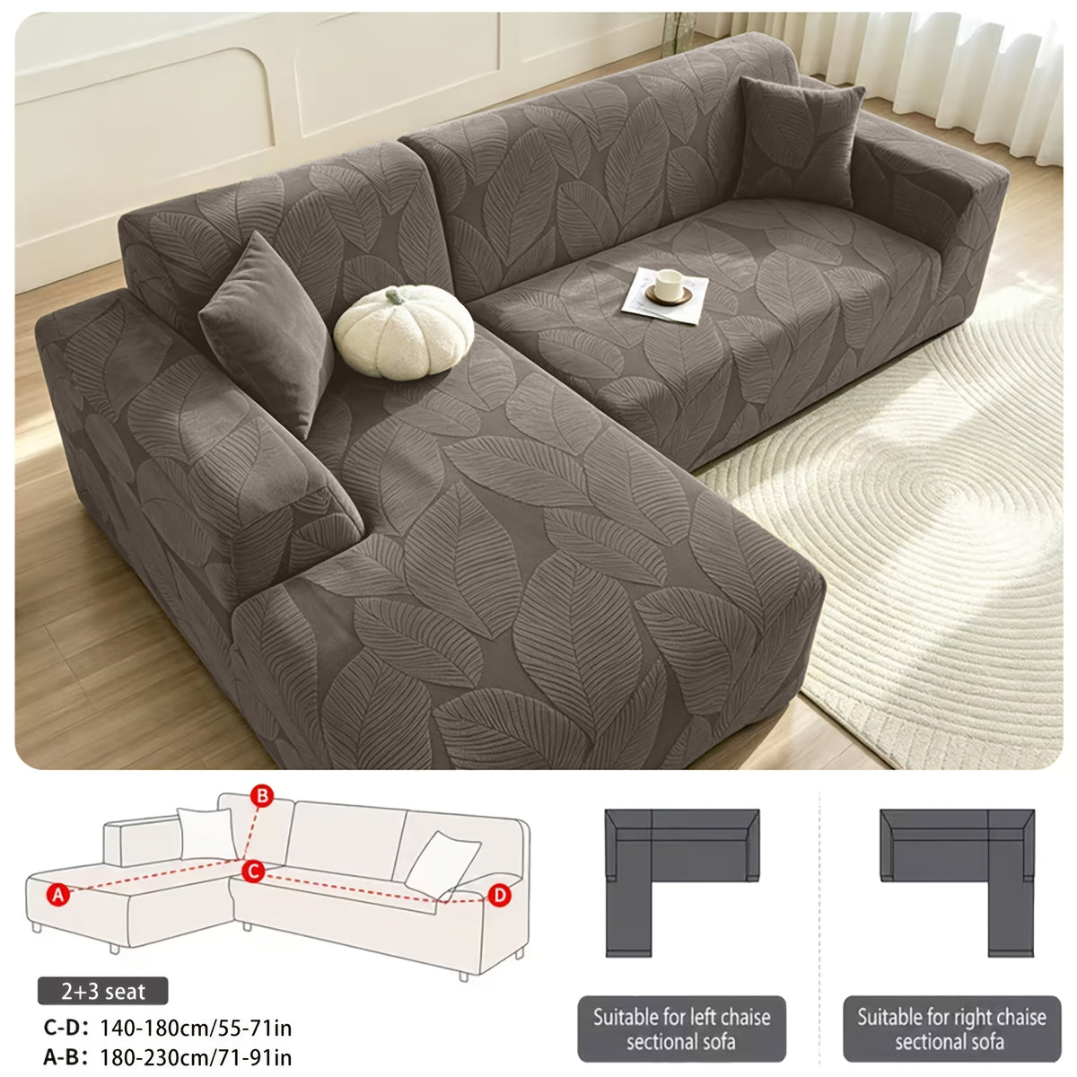 Housse de canapé extensible en polaire jacquard à motif feuillage au rendu, détail de la finition