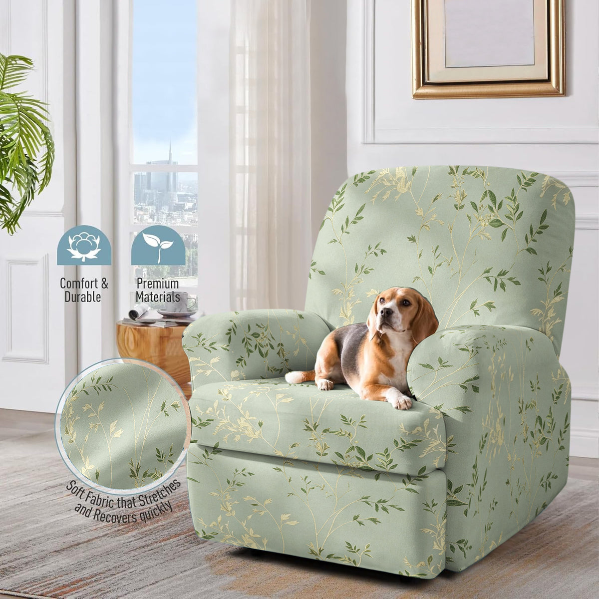 Housse de canapé extensible en fibre de lait imprimée à motif feuillage, tissu de 180 à 200 g/m²