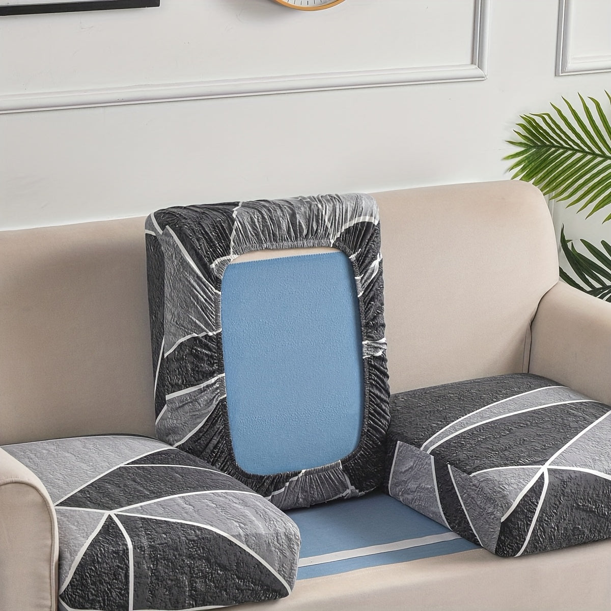 Housse de canapé extensible en fibre de lait à motif géométrique pour canapé — détail de la matière : fibre de lait