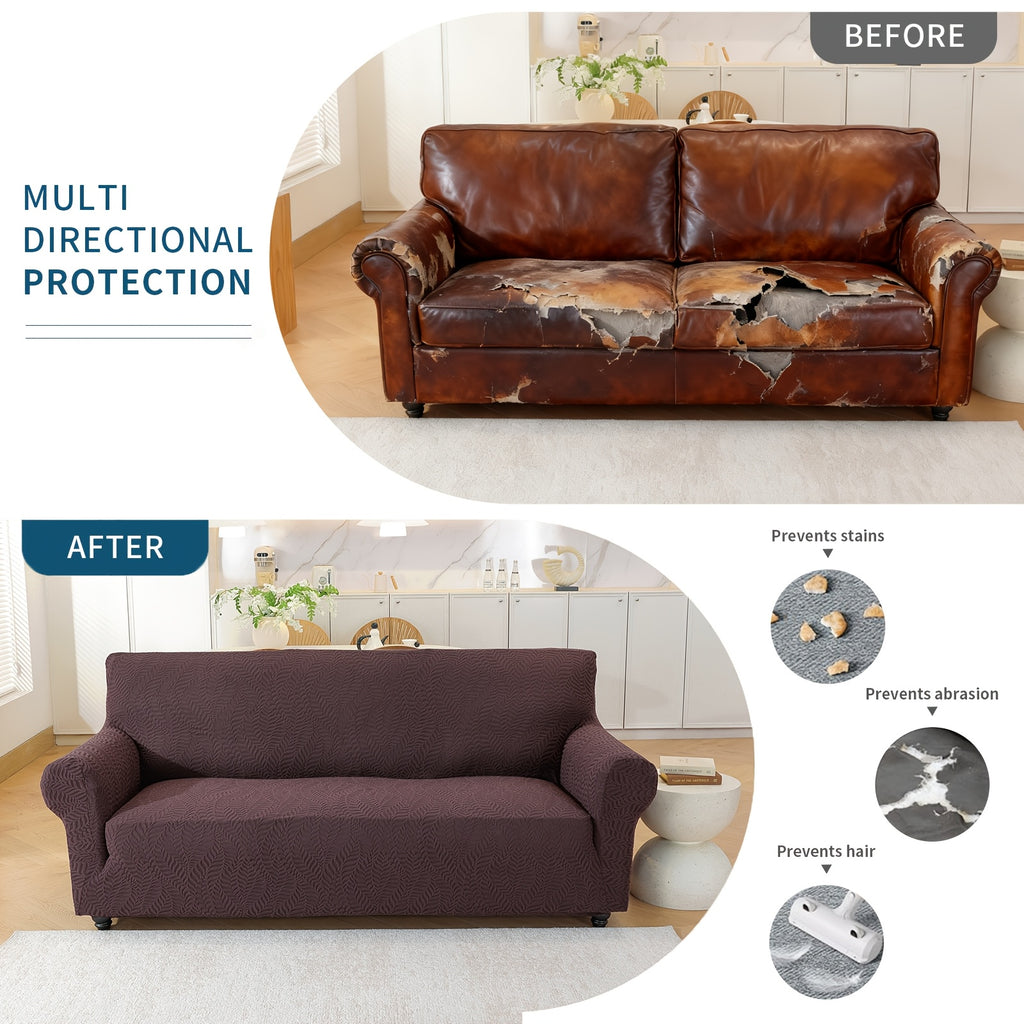 Housse de canapé extensible en polaire jacquard à motif feuillage anti-griffes — détail de la matière : polaire