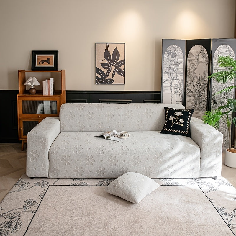 Housse de canapé en velours jacquard à motif fleuri antidérapante, vue d'ensemble