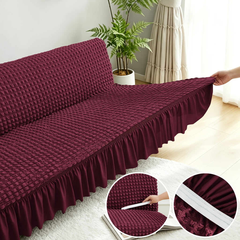 Housse de canapé extensible en jacquard à volants, vue d'ensemble