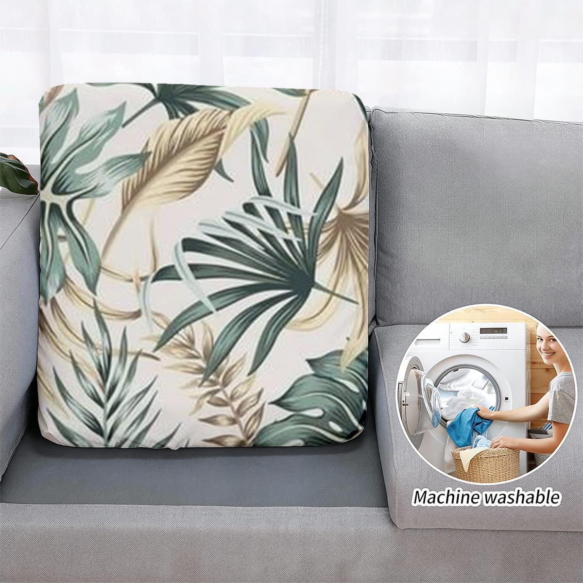 Housse de canapé en fibre de lait imprimée à motif tropical, détail de l'ourlet