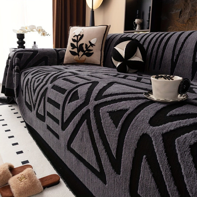 Housse de canapé en velours peluche géométrique, vue de dos