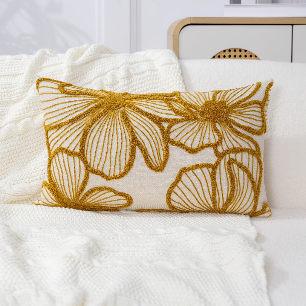 Housse de coussin en polyester à motif fleuri à fermeture éclair, détail de l'ourlet