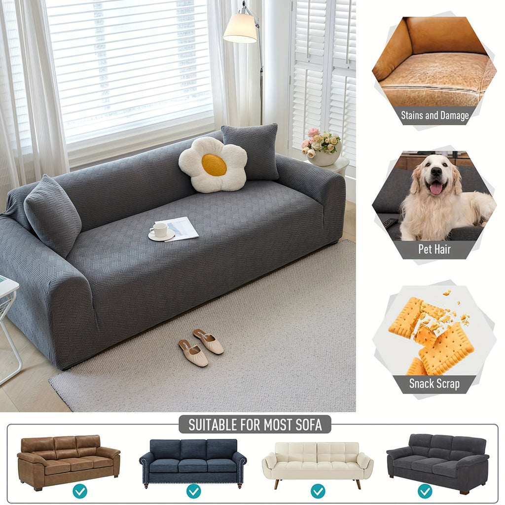 Housse de canapé extensible en polaire jacquard, détail de l'ourlet