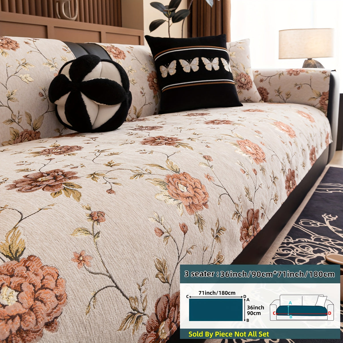 Housse de canapé en chenille jacquard à motif pivoine antidérapante, tissu de 350 à 400 g/m²