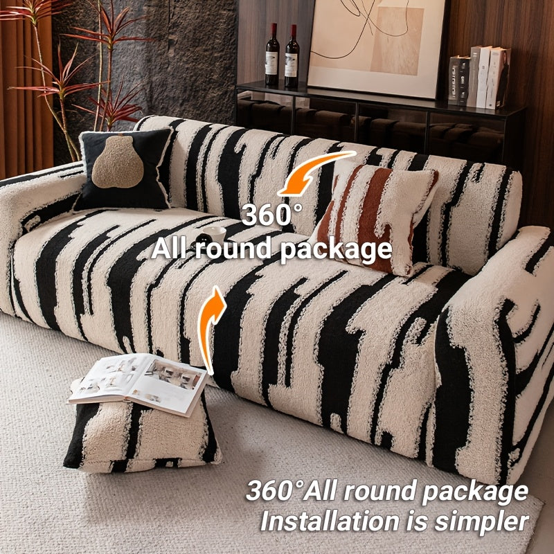 Housse de canapé en velours jacquard à motif géométrique d'esprit vintage — détail de la matière : velours