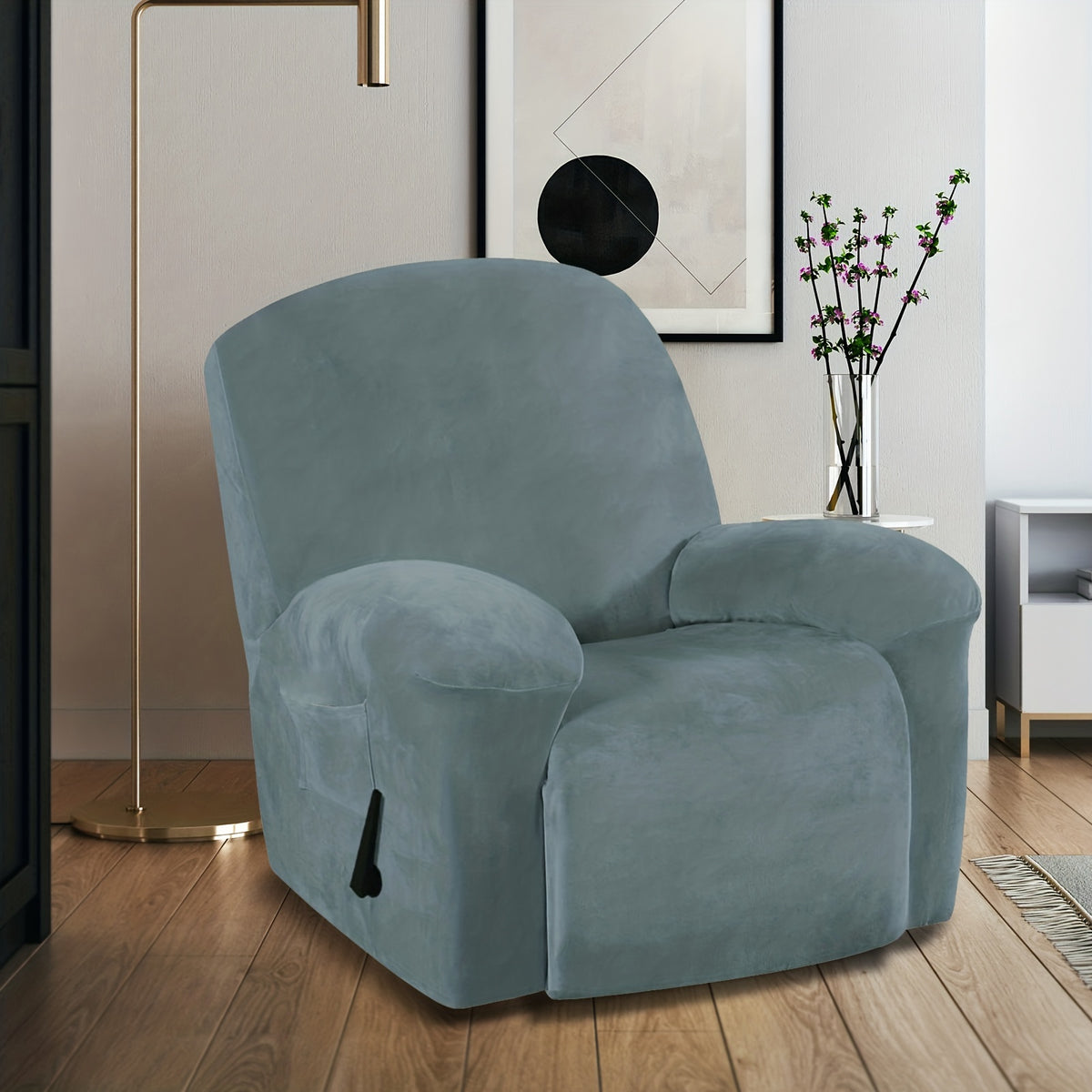 Housse de fauteuil épaisse extensible en velours, détail de l'ourlet