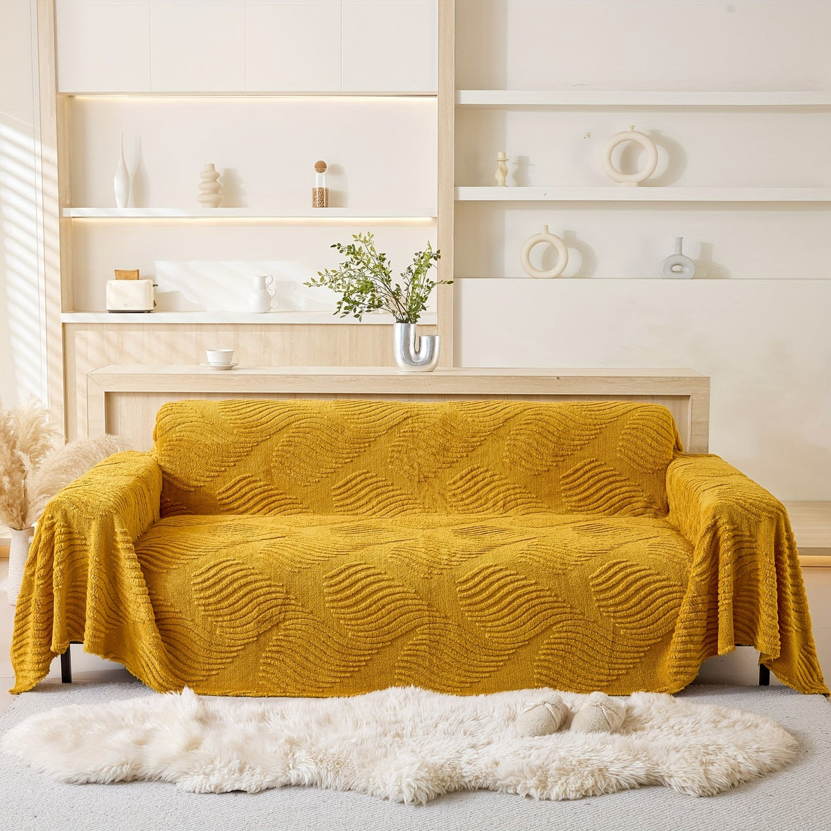 Housse de canapé en velours peluche uni, mise en situation