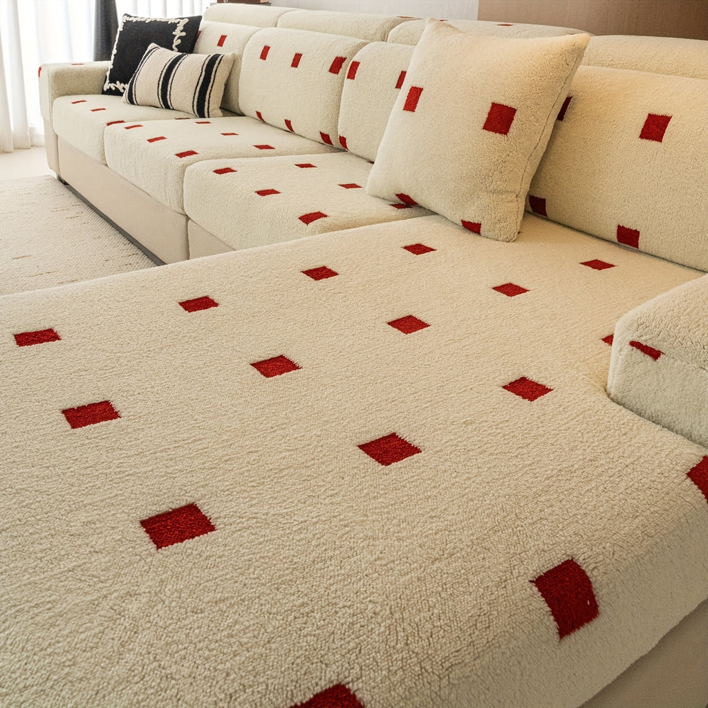 Housse de canapé extensible en velours à housses séparées au rendu glamour, détail de l'ourlet