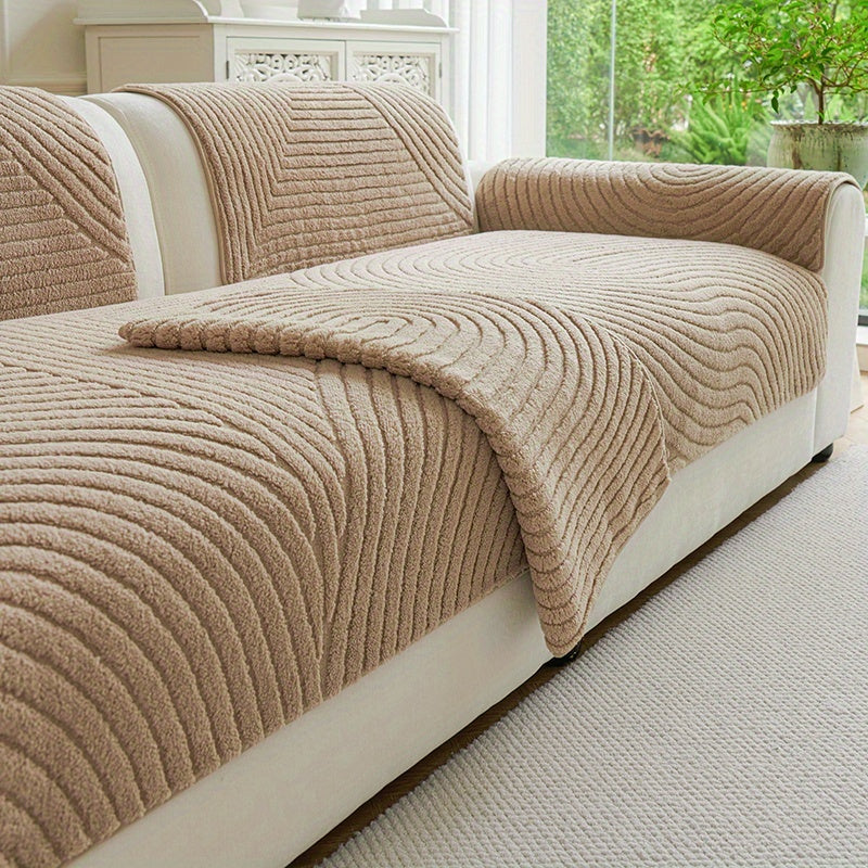 Housse de canapé épaisse en velours jacquard d'esprit vintage, gros plan sur le tissu