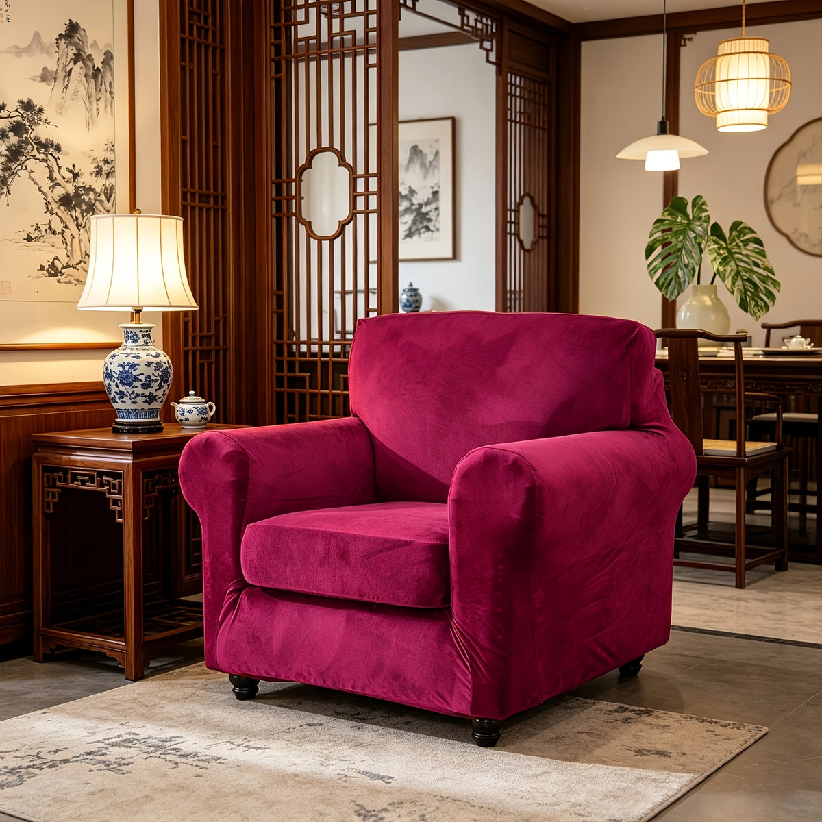 Housse de canapé extensible en velours à rayures — détail de la matière : velours Image