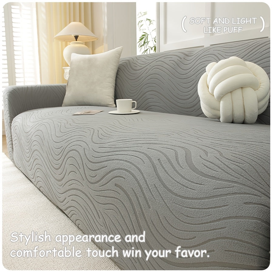 Housse de canapé extensible en polaire à motif vagues — détail de la matière : polaire