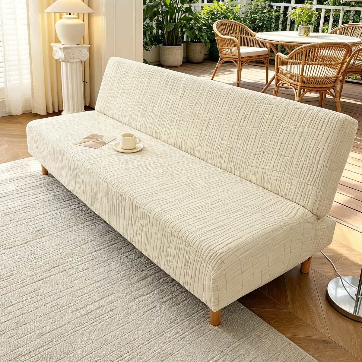 Housse de canapé extensible en polaire jacquard à motif géométrique, détail de la finition