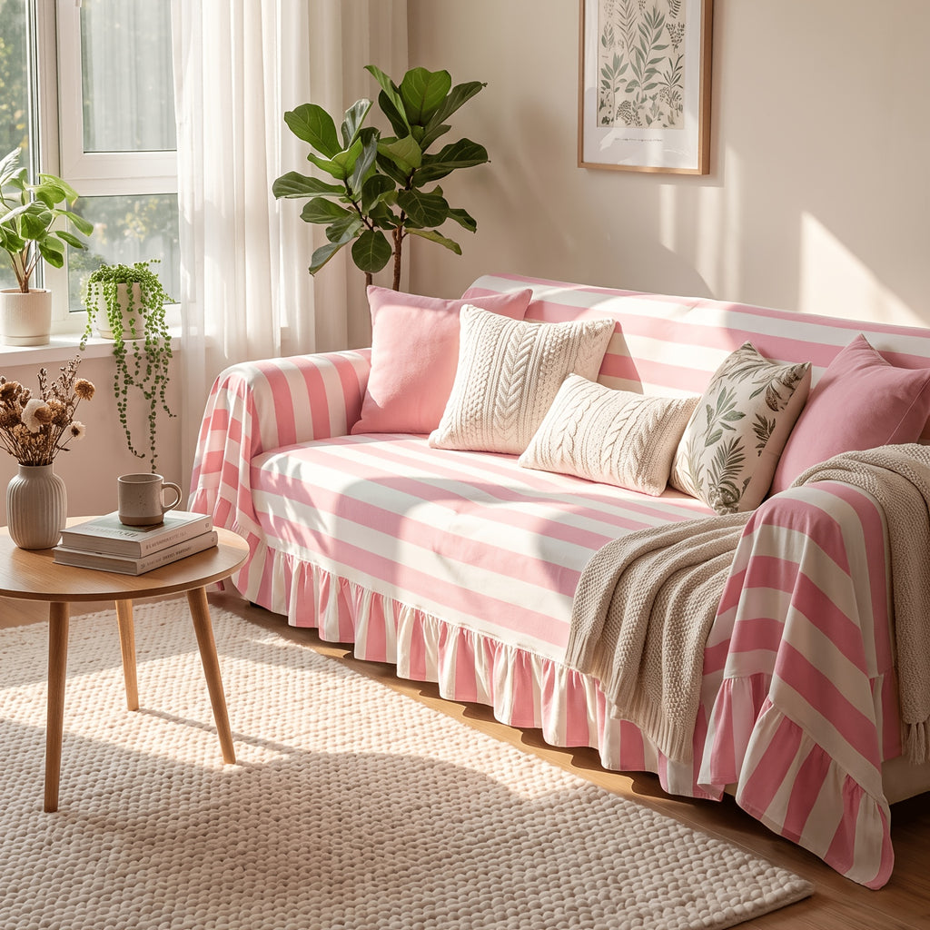 Housse de canapé en polyester en fils teints à rayures à volants, visuel produit