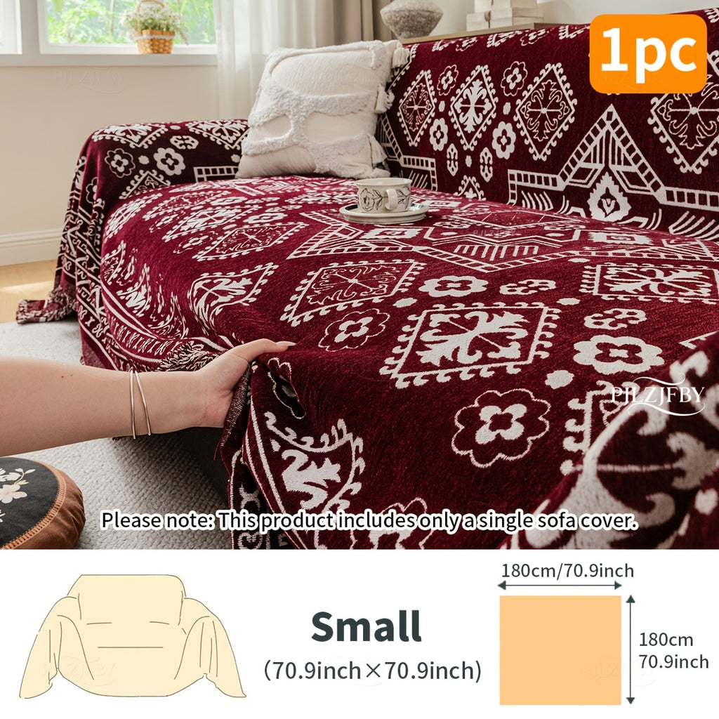 Housse de canapé en chenille en fils teints à motif bohème — détail de la matière : chenille