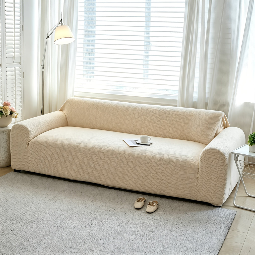 Housse de canapé extensible en polaire jacquard à rayures, mise en situation