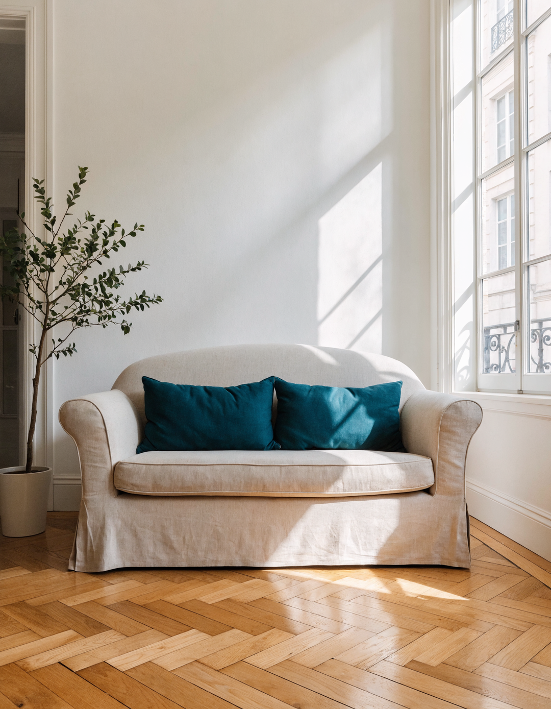 Canapé habillé d'une housse beige dans un salon clair