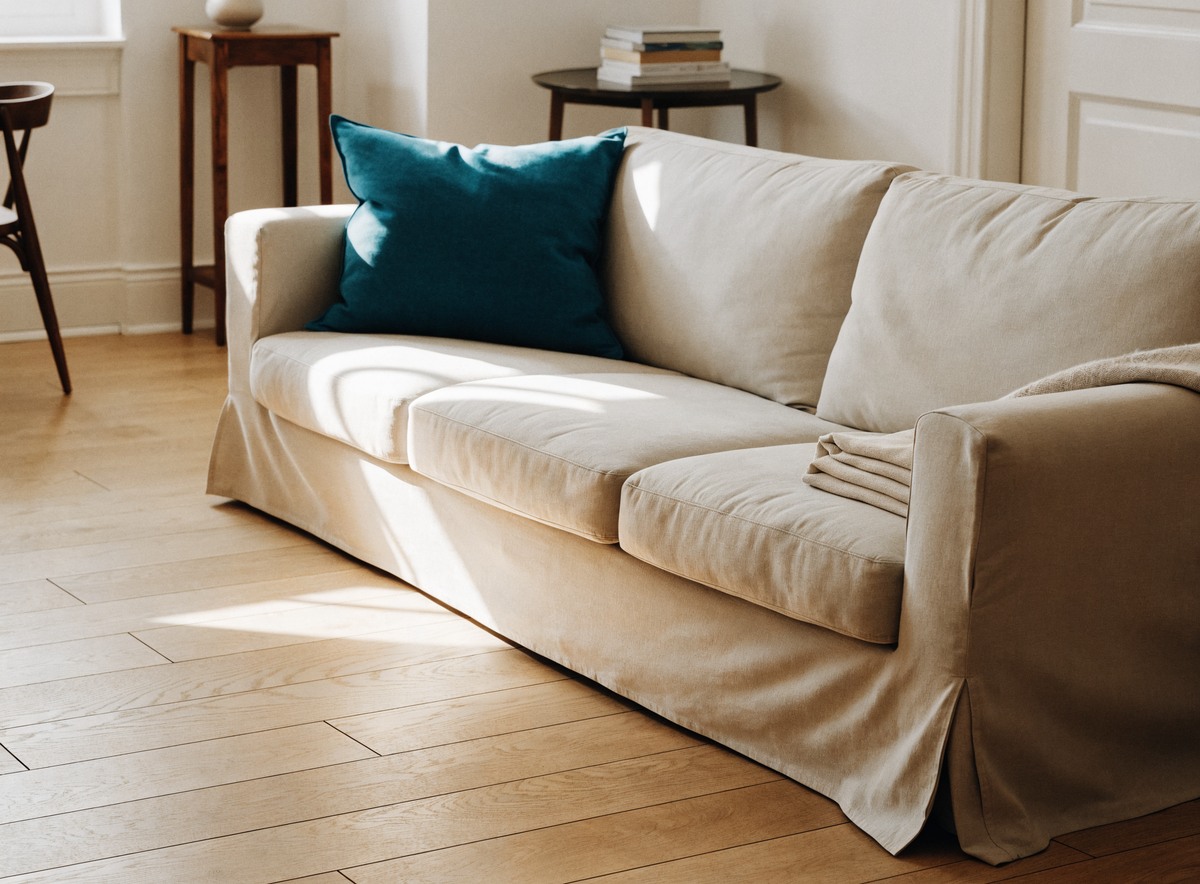 Canapé trois places habillé d'une housse beige ajustée Image