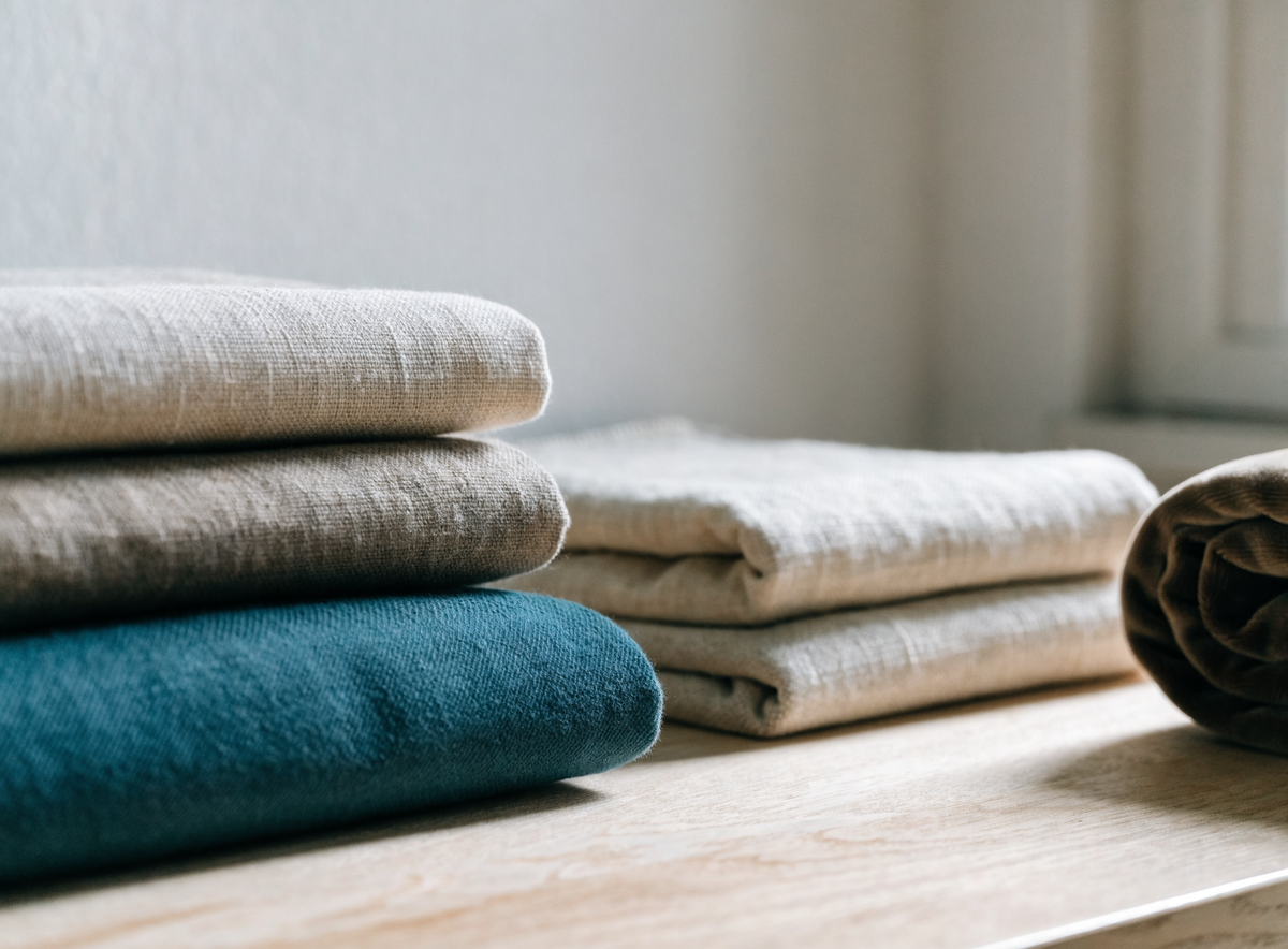 Tissus de housses pliés : beige, taupe, bleu profond et écru Image