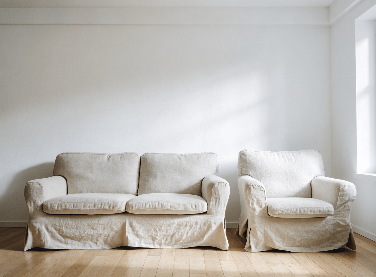 Canapé deux places et fauteuil côte à côte, housses assorties