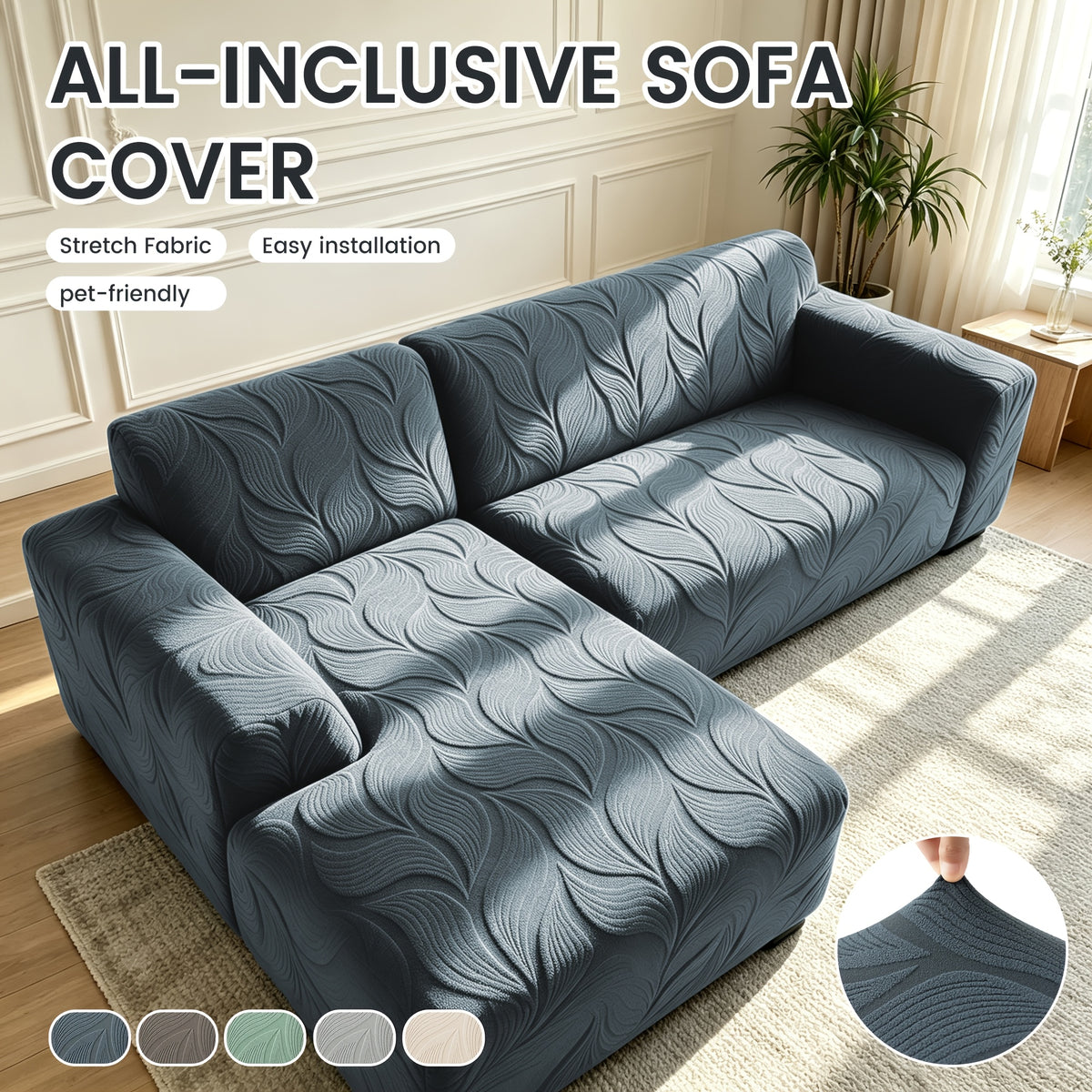 Housse de canapé extensible en polaire jacquard à motif feuillage pour canapé — détail de la matière : polaire Image