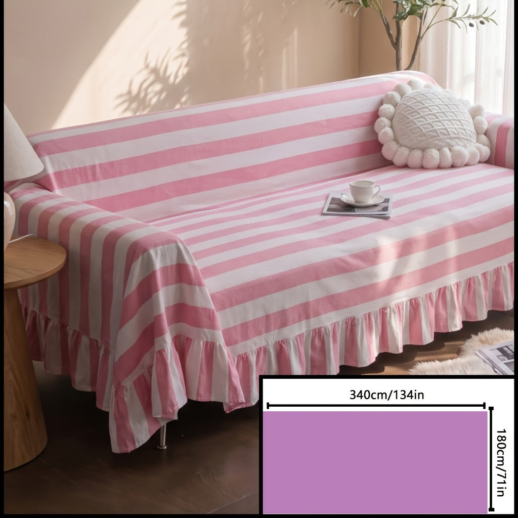 Housse de canapé en polyester en fils teints à rayures à volants, mise en situation