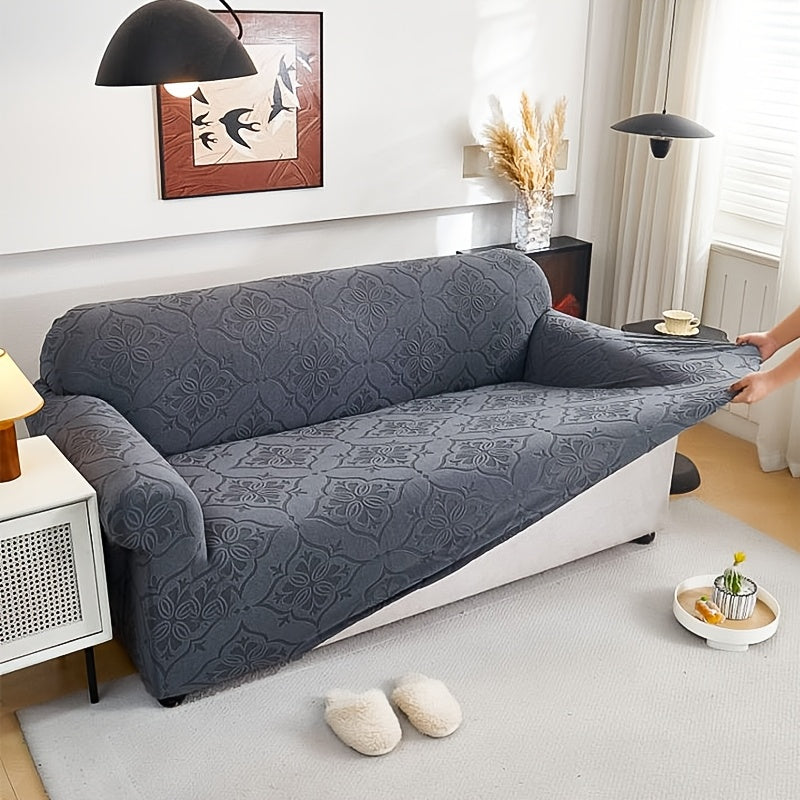 Housse de canapé extensible en polyester à rayures antidérapante, détail de la finition