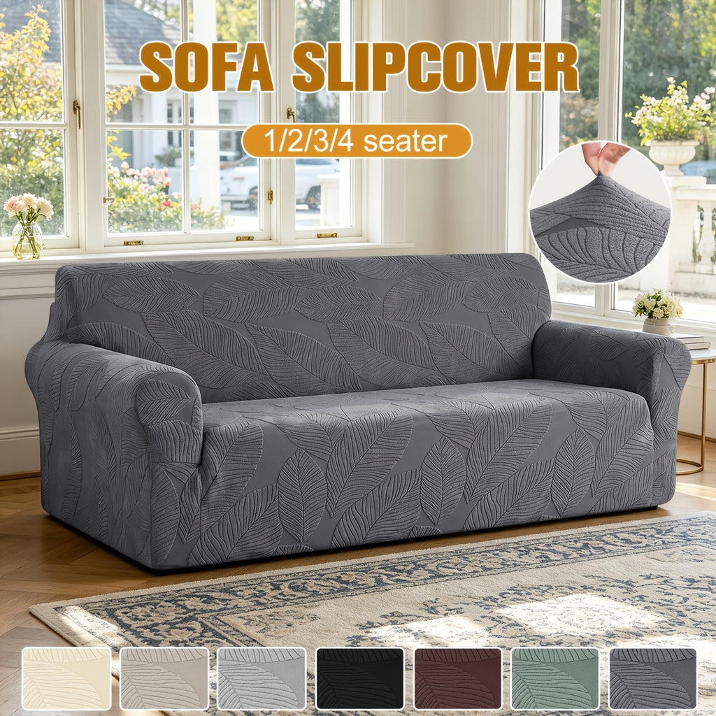 Housse de canapé extensible en polaire jacquard à motif feuillage, gros plan sur le tissu