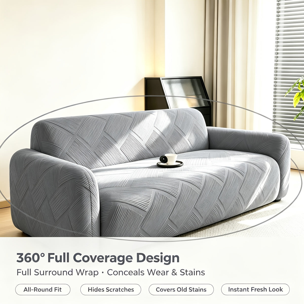 Housse de canapé extensible en polaire jacquard antidérapante, détail de l'ourlet